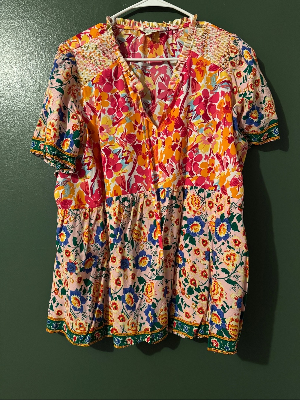 Umgee Floral V-Neck Peplum Blouse in Pink, Yellow & Green